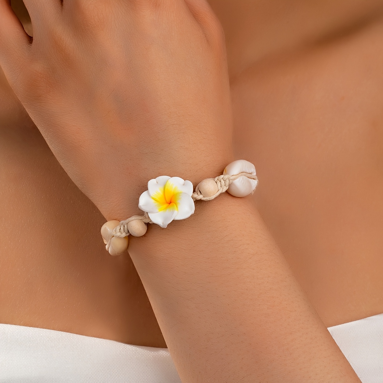 Boho Clay Flower Bracelet with Cowrie Shell Accents